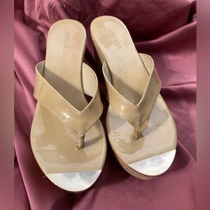 Jimmy Choo Women’s 39 Pathos Beige Leather Cork Wedge Flip Flop Sandals